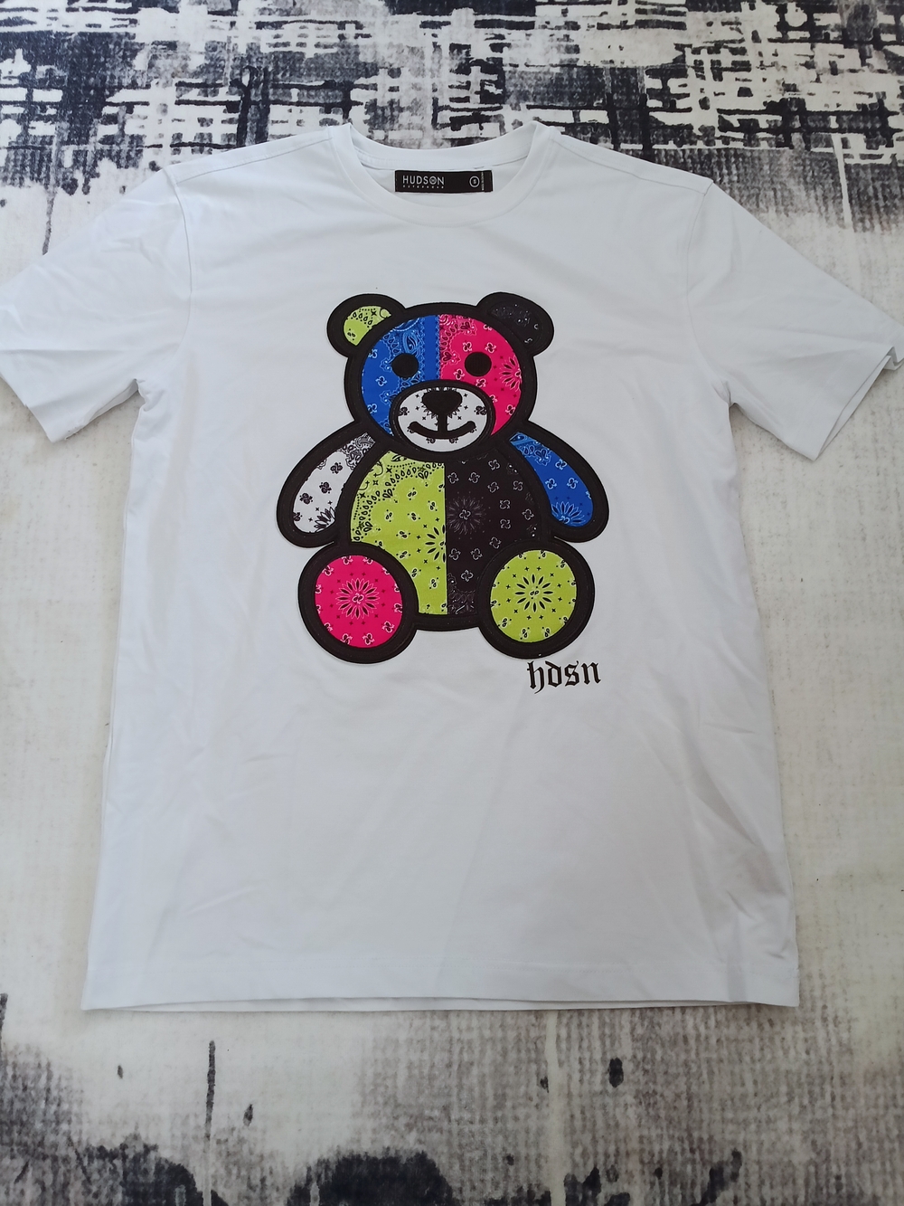Hudson Jeans White Tee with Neon‎ Teddy Patch Graphic